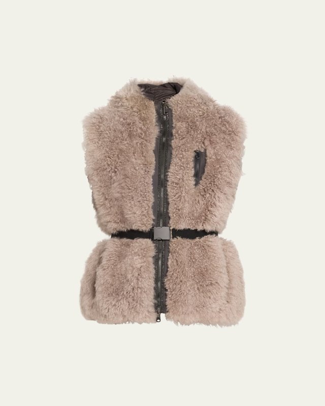 Hooded Reversible Shearling Fur Belted Vest